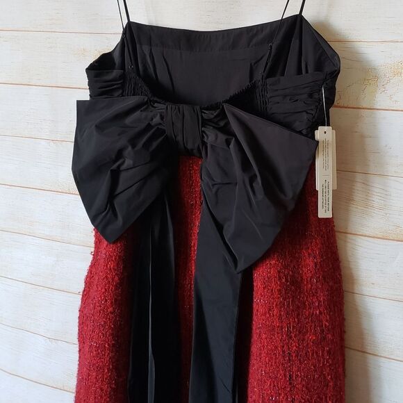 Maeve Bow Square Neck Tweed Strappy Mini Dress Red Black Women's Size Large - Picture 9 of 16